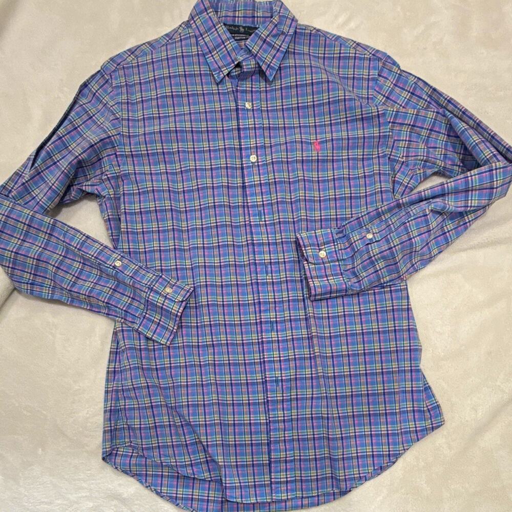 Ralph Lauren Custom Fit Men’s Dress Shirt M Plaid Blue Button-Down